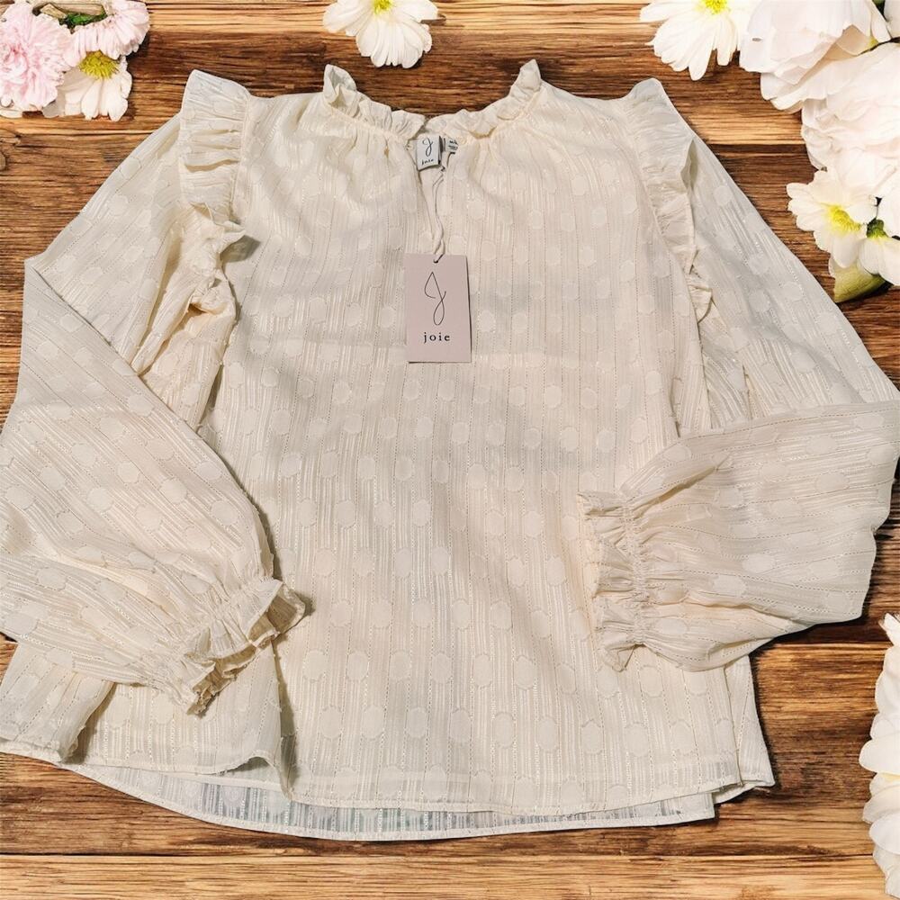 NWT Joie Cream Ruffle Blouse long sleeve poet romantic sz M double layer chiffon